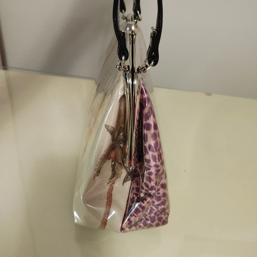 Women's Beige Guitar & Floral Vinyl Frame-Top Handbag